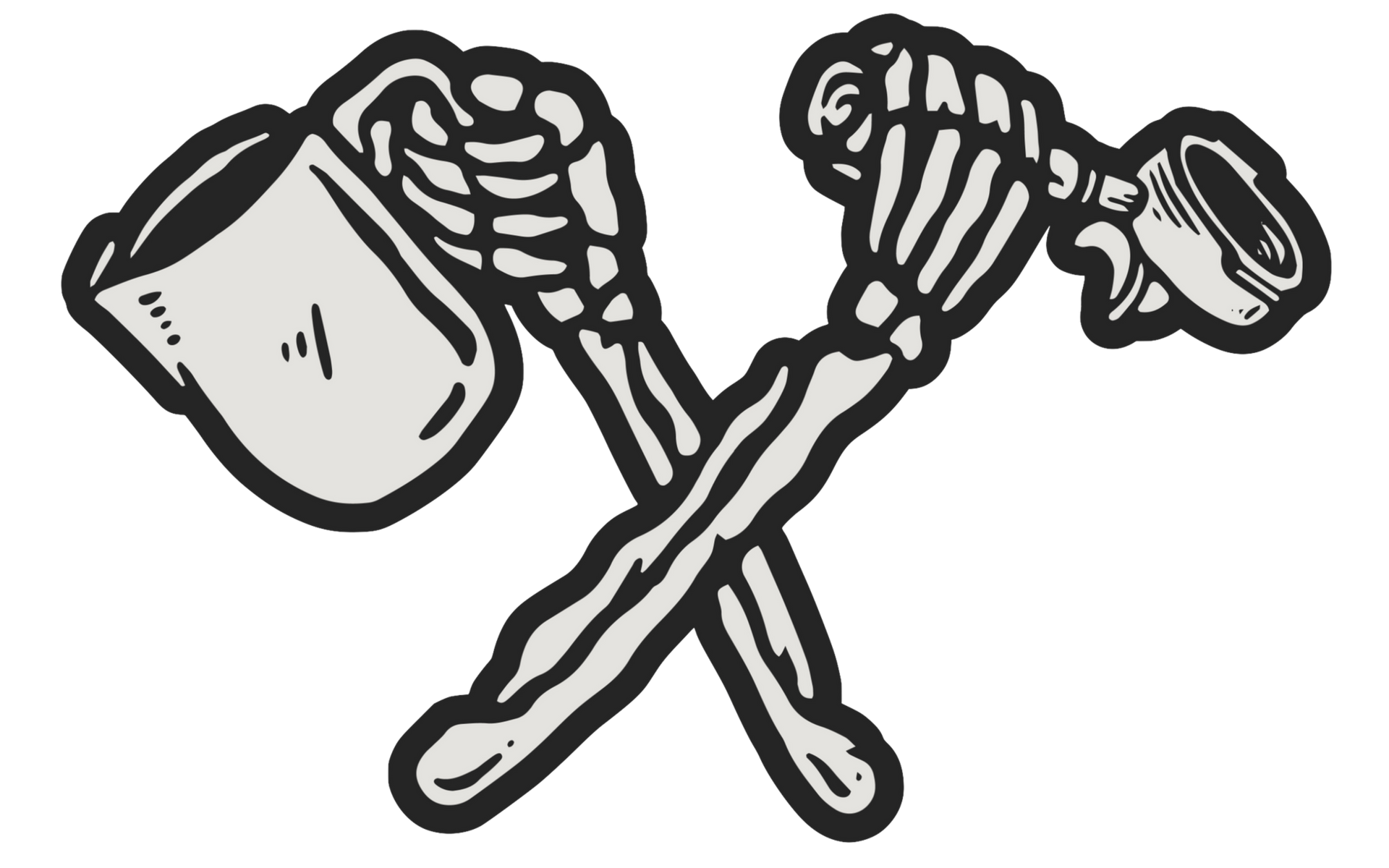 Crossed skeleton arms holding a mug and a hammer.