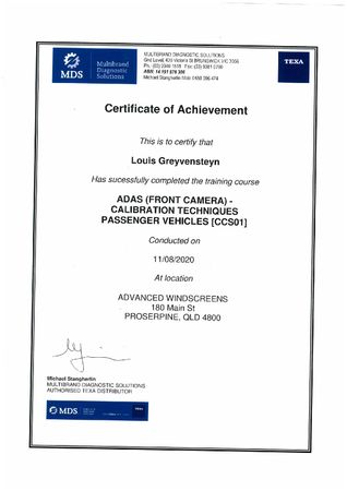 Accreditation for ADAS Calibration Techniques Passenger Vehicles