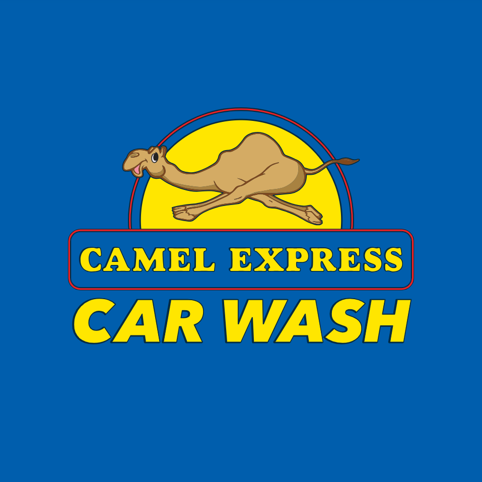 Camel Express Car Wash logo: running camel in front of a yellow circle, text below in yellow on blue background.