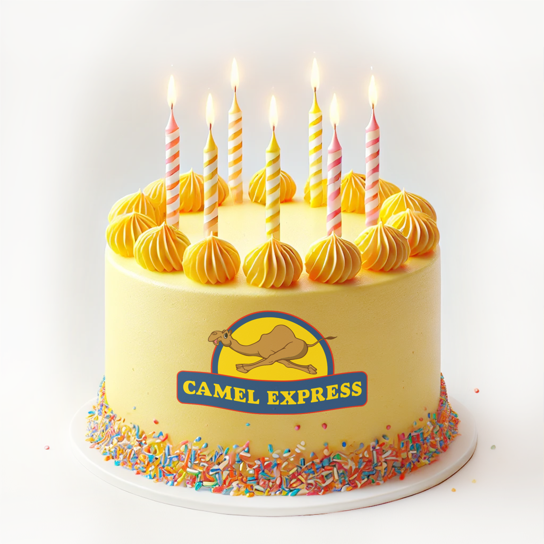 Yellow cake with lit candles, 