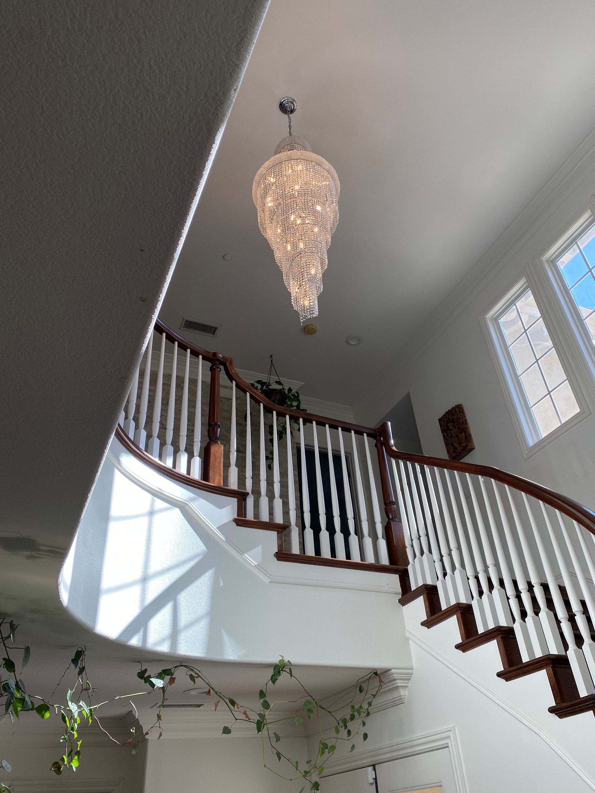 Grand staircase with a white railing and chandelier. Vines on the walls. Sunlight streams through the windows.