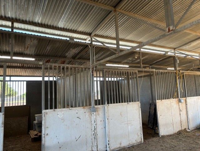 Interior view of a stable with metal stalls and a corrugated metal roof.