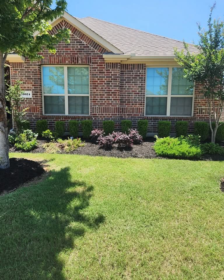 A single-story brick house with a green lawn, dark mulch beds, trimmed green shrubs, and purple foliage under blue skies.