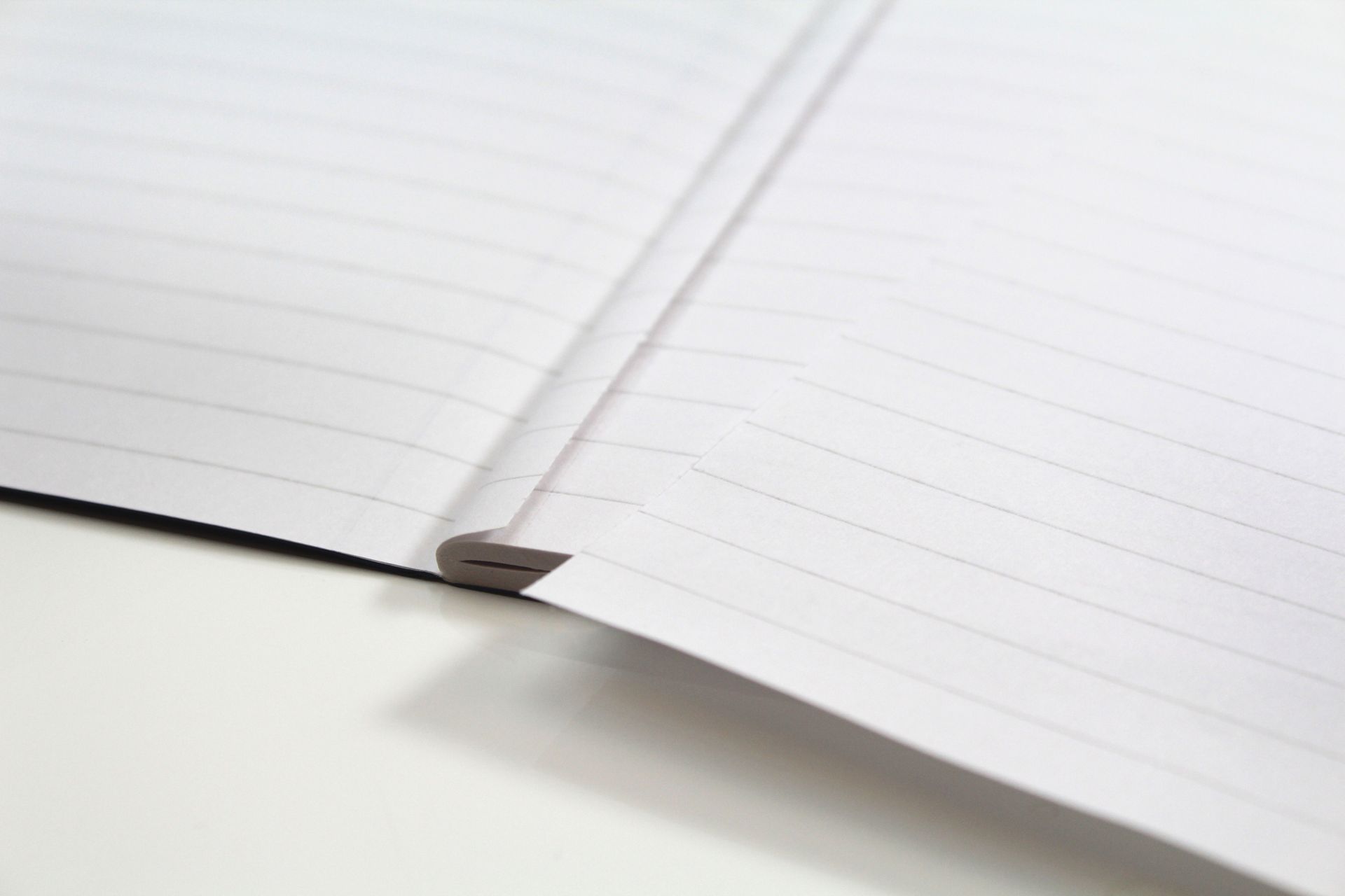 An open accounting book showing it's lined pages and perforation. Book is on white background.