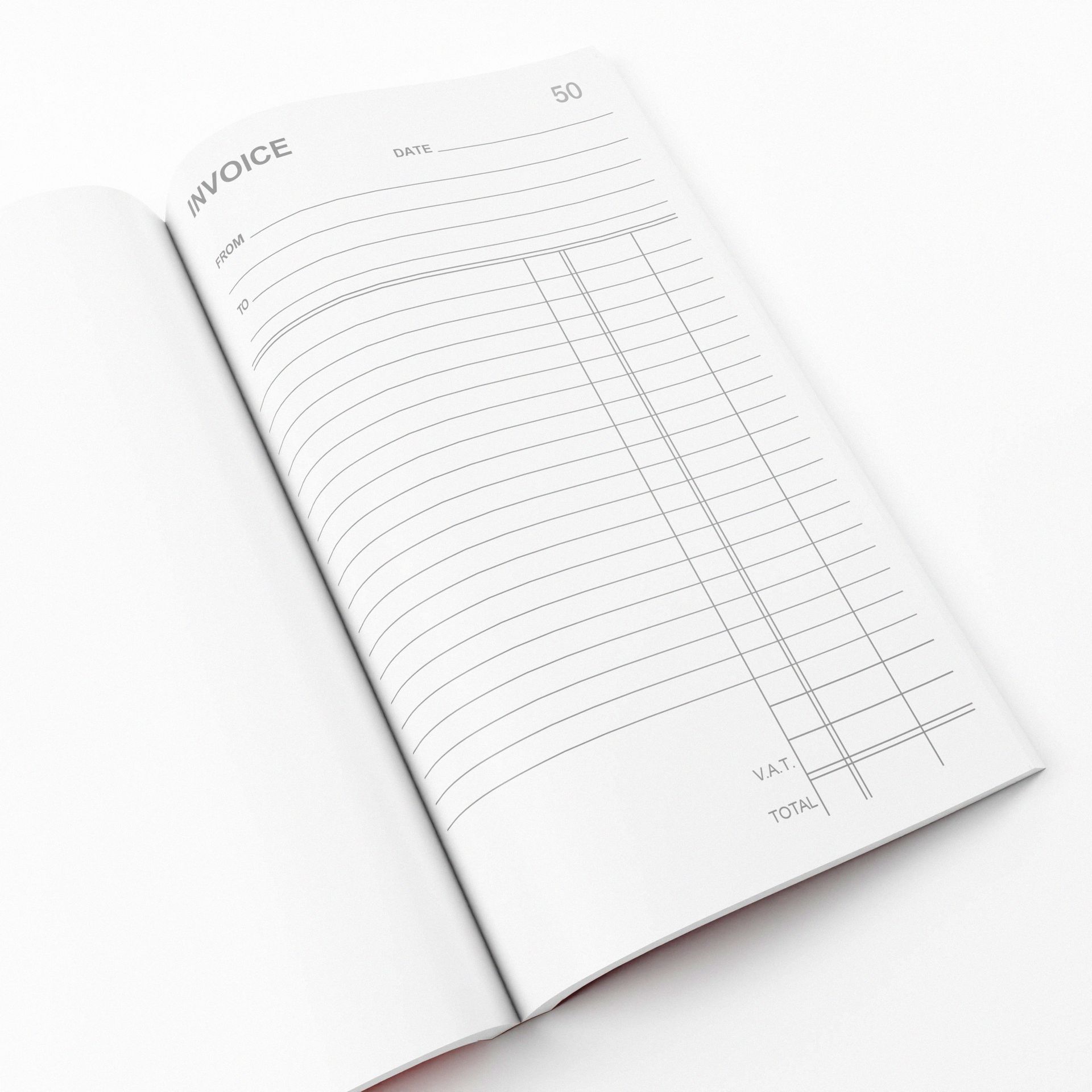 Invoice duplicate book open to reveal printed inside on white background