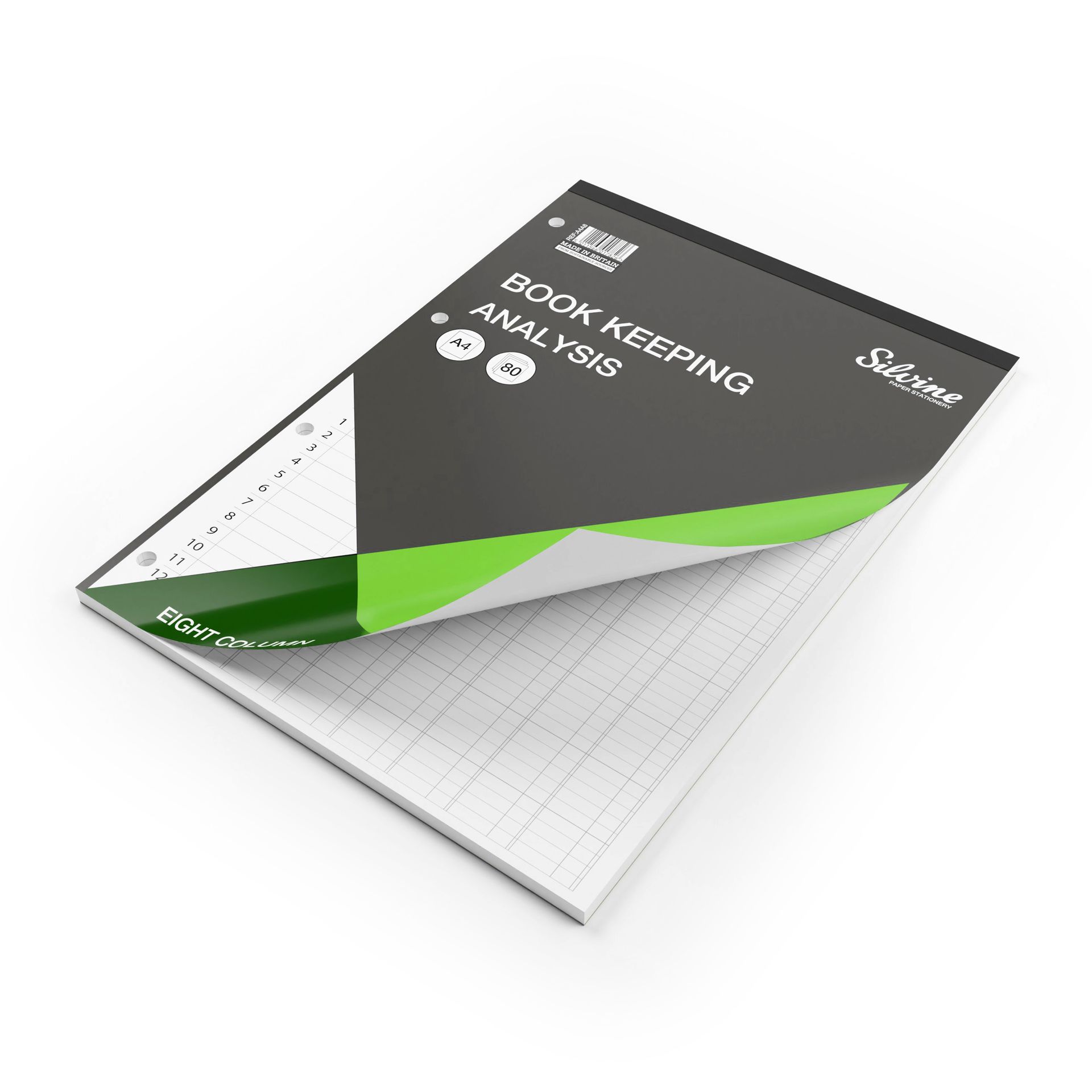 Book keeping book by Silvine on white background with inside of book peeking out.