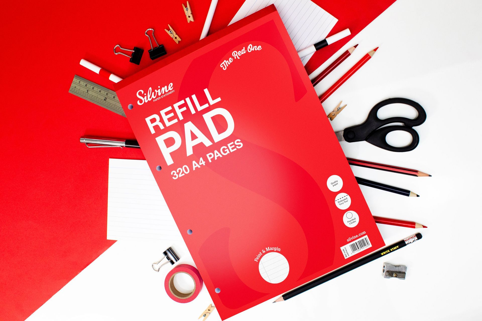 Silvine red refill pad with stationery items underneath