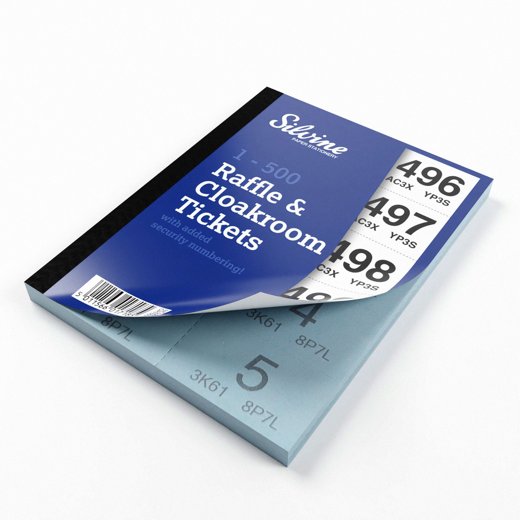 Blue Raffle Ticket book with blue tickets inside by Silvine on white background.