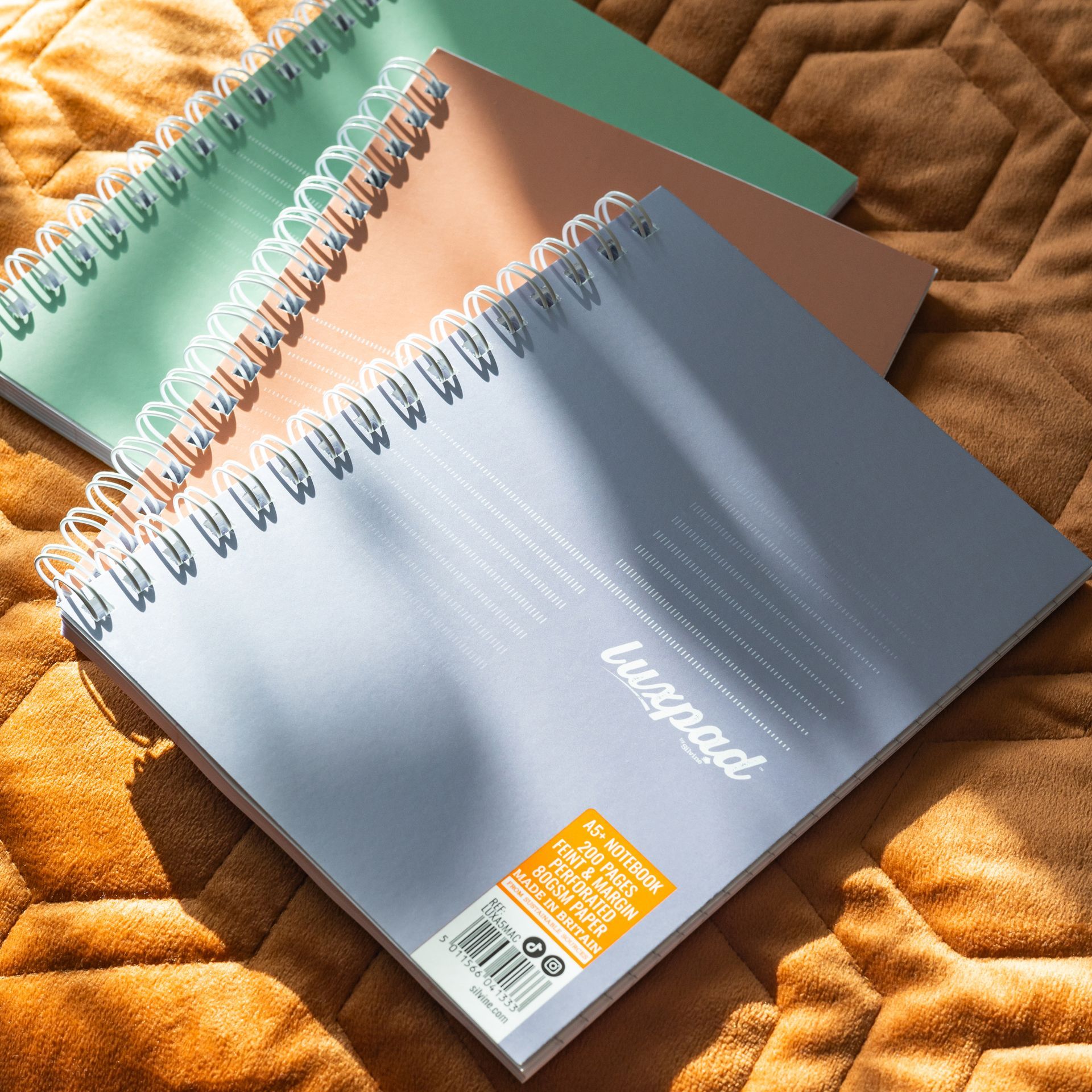 Metallic Notebooks by Silvine on orange textured background in the sun