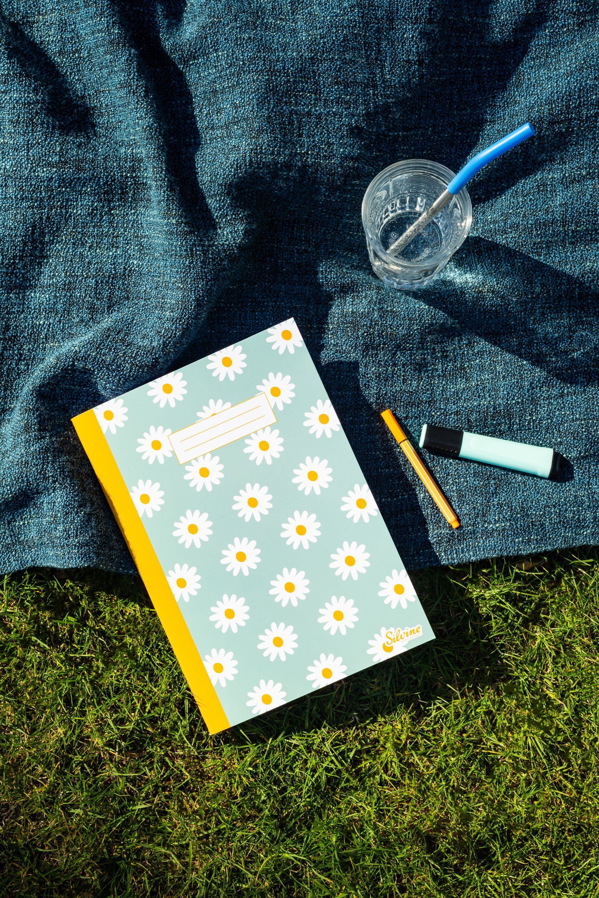 Exercise book by Silvine with Daisy design on the cover. It is outside on a picnic blanket with drink, in the sun.