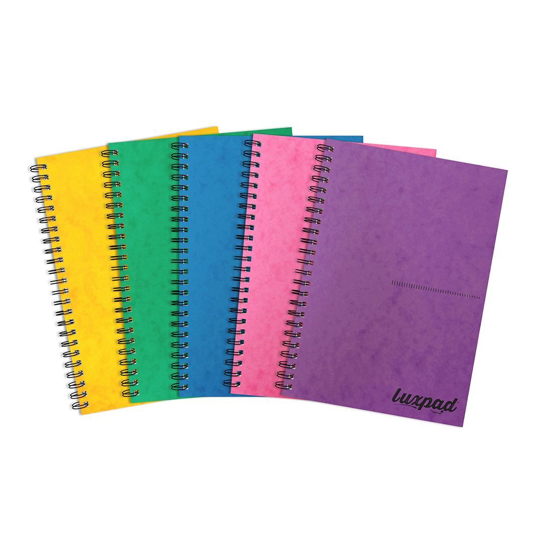 Yellow, green, blue, pink and purple twin wire notebooks on a white background.