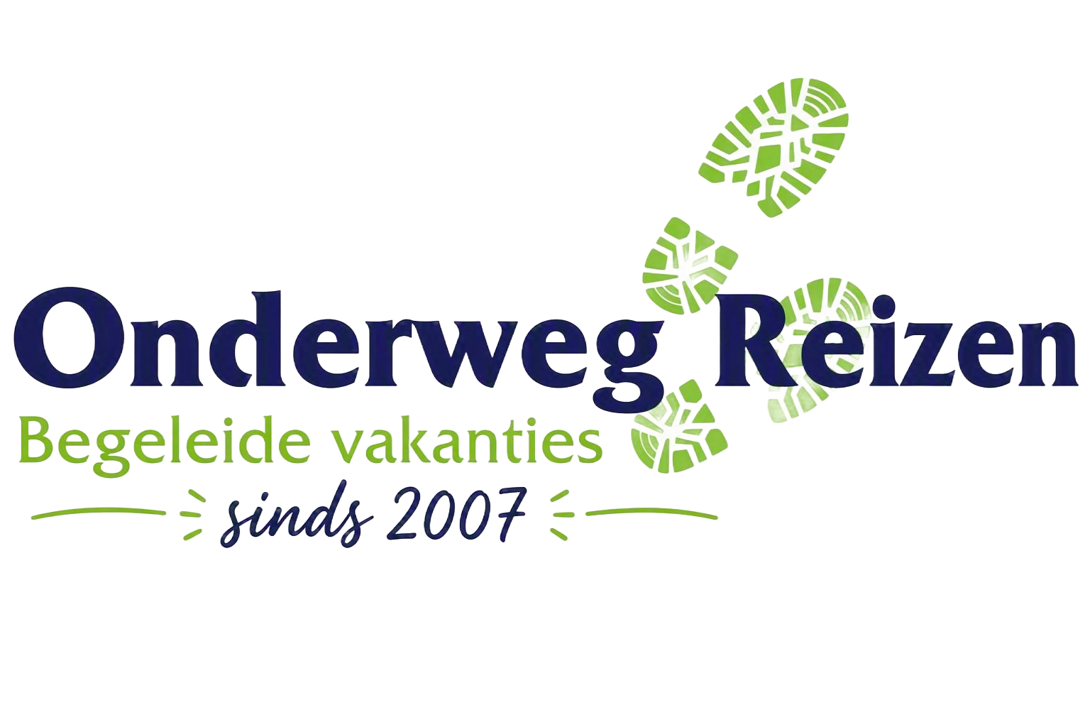 Onderweg Reizen logo with dark blue text and green subtitle “Begeleide vakanties”