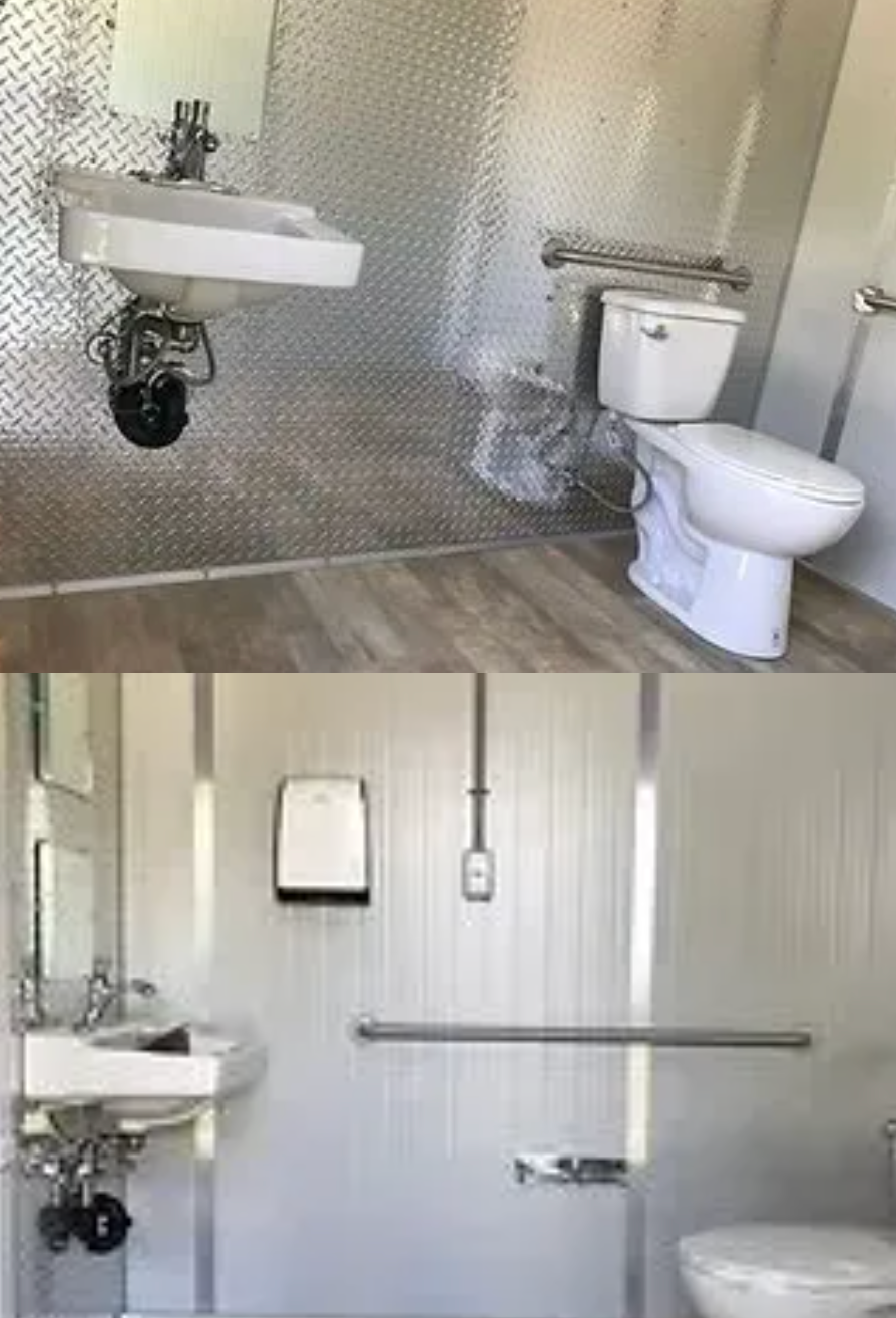 Accessible washroom trailers interior showing a toilet, sink and safety grab bars.