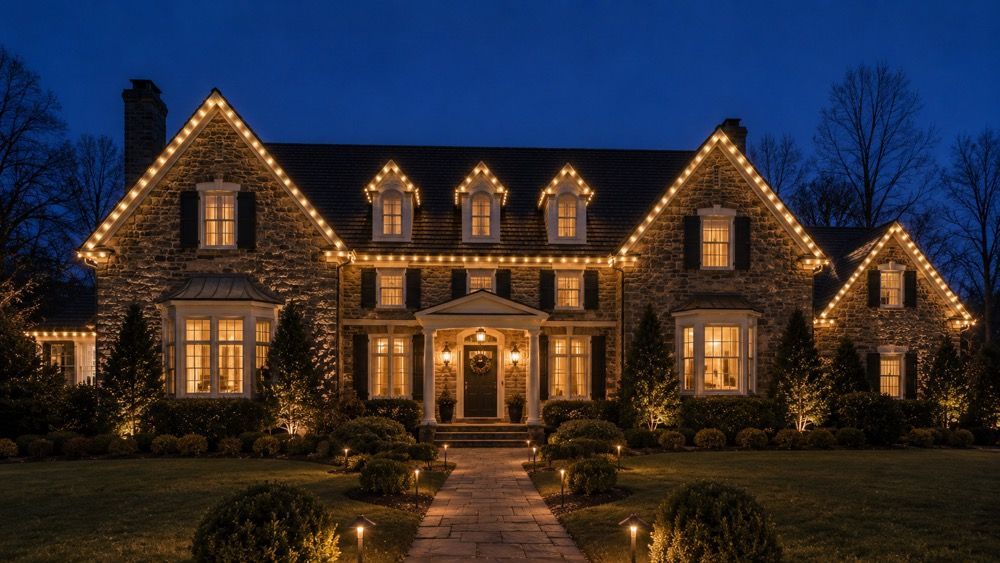 Permanent outdoor lighting along the roofline of a Pennsylvania home at dusk, warm white LED wash across the eaves

