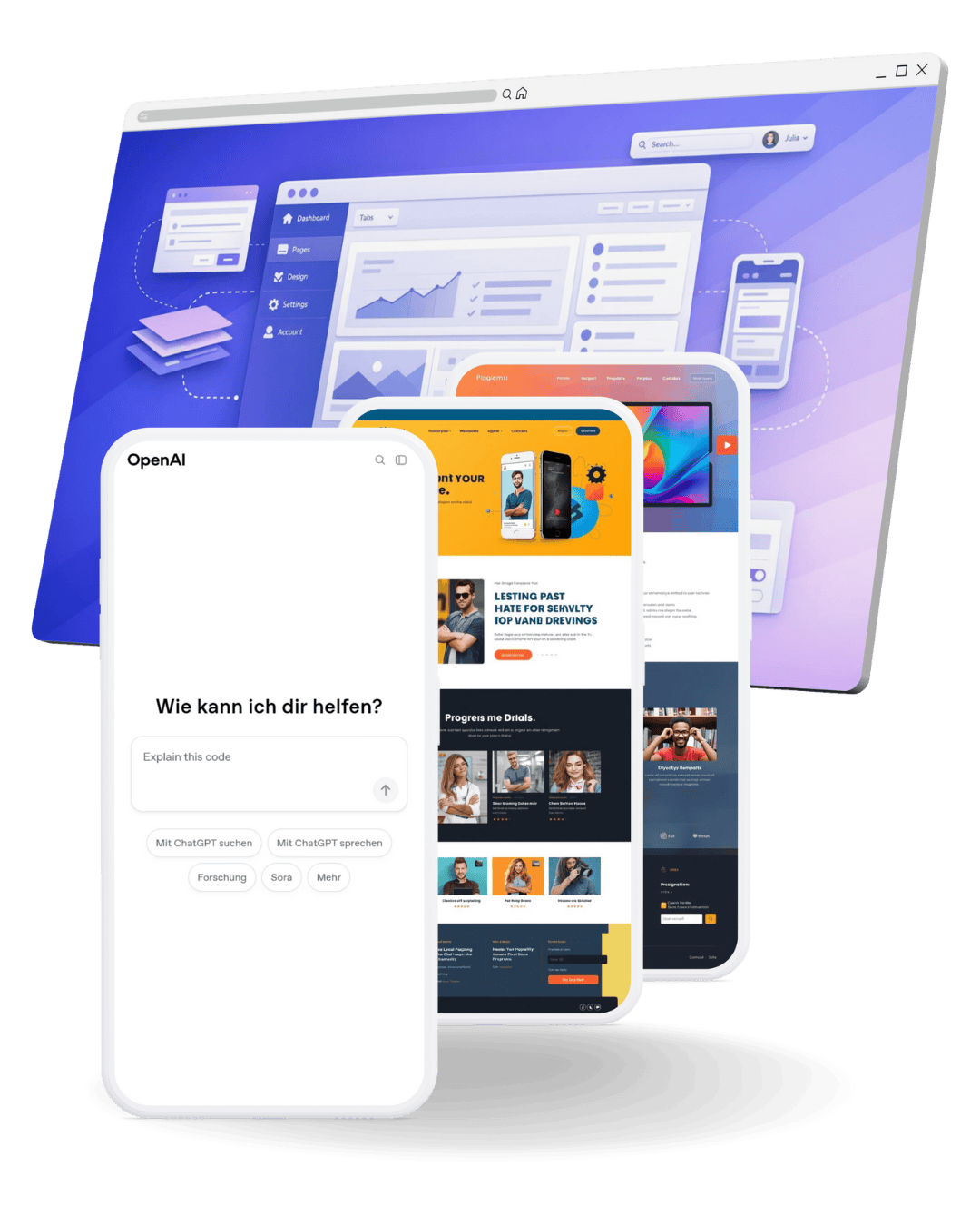Mehrere Smartphone- und Desktop-Bildschirme zeigen App- und Website-Oberflächen mit Daten und Inhalten.