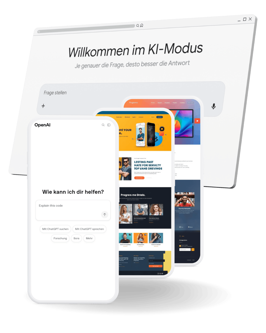 Weiße Geräte mit Website- und KI-Oberfläche: Schnellzugriff und Reaktion.