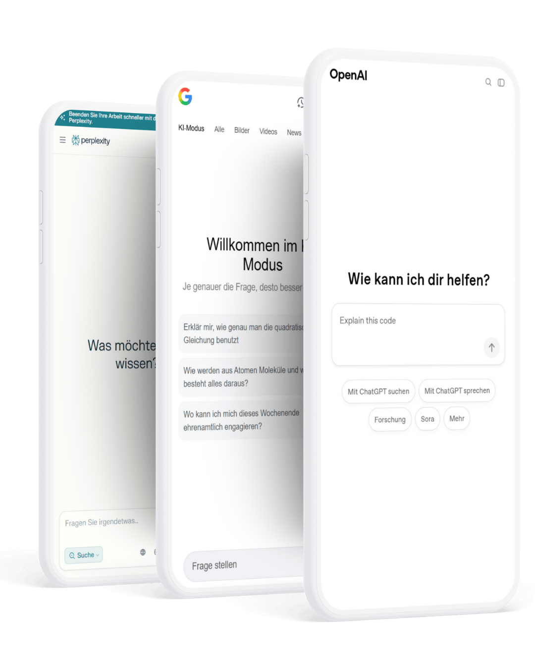 Drei weiße Smartphones, auf denen Text und Logos angezeigt werden, vermutlich zur Präsentation eines KI-Assistenten oder einer App-Oberfläche.