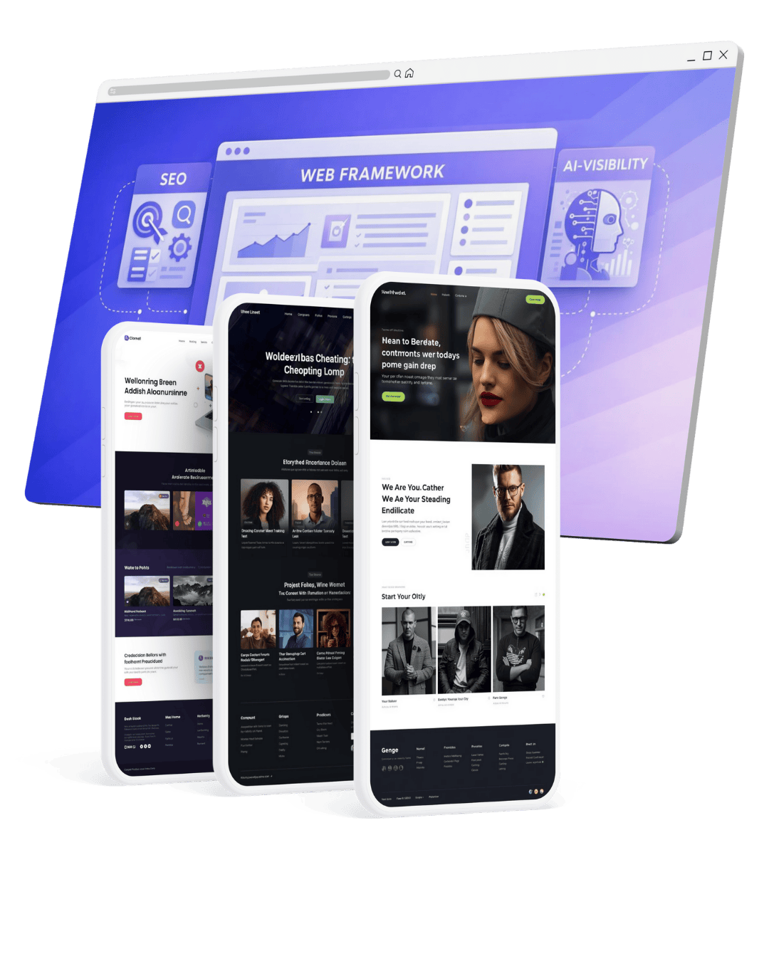 Drei Smartphones und ein Laptop, auf denen eine Website-Oberfläche mit Grafiken, Text und Fotos angezeigt wird.