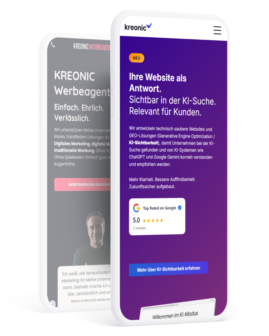 Zwei Smartphones zeigen die Website der Marketingagentur KREONIC an, auf der Text und das Porträt eines Mannes zu sehen sind.