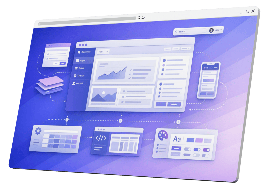 Webinterface mit Diagrammen, Datendarstellungen und App-Mockups, dargestellt in Blau und Weiß.