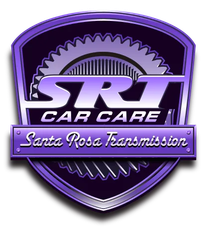 Purple shield logo for SRT Car Care and Santa Rosa Transmission with gear design