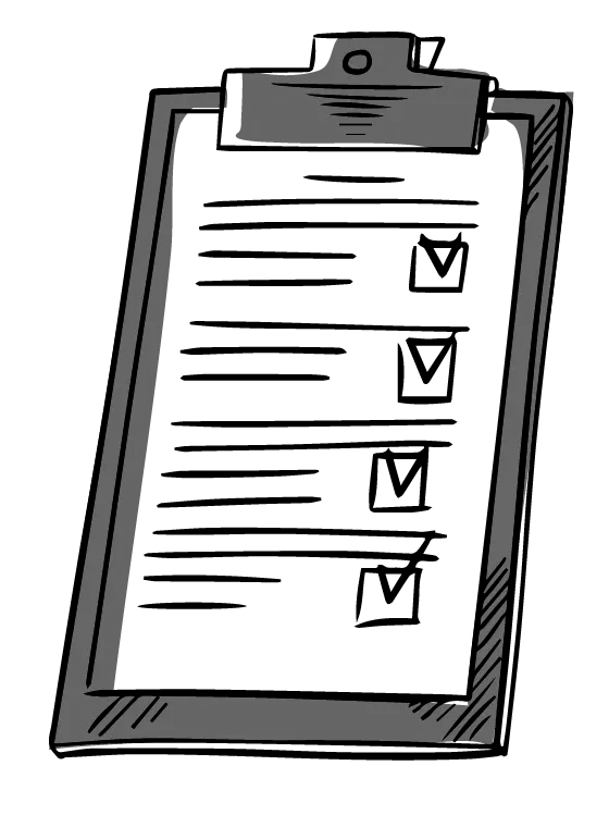 A black and white drawing of a clipboard with a checklist on it.
