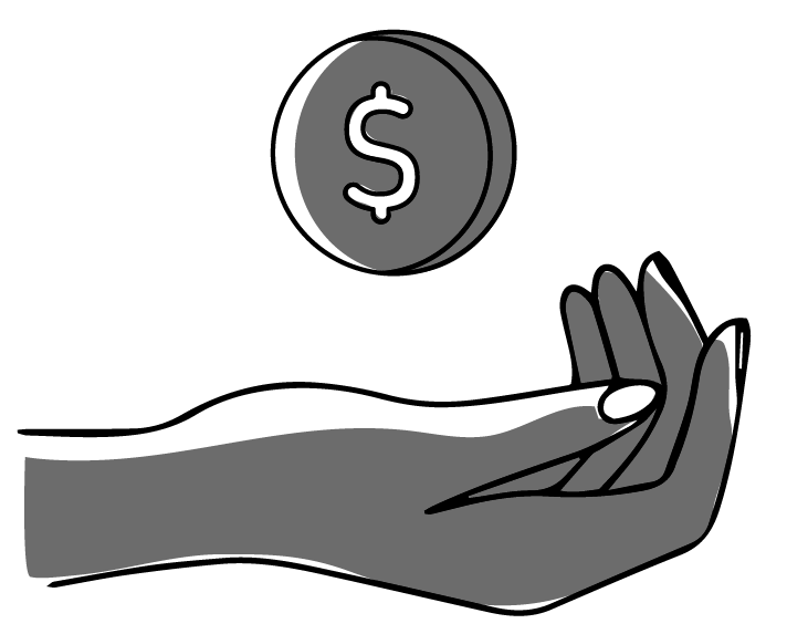 A hand is holding a coin with a dollar sign on it.