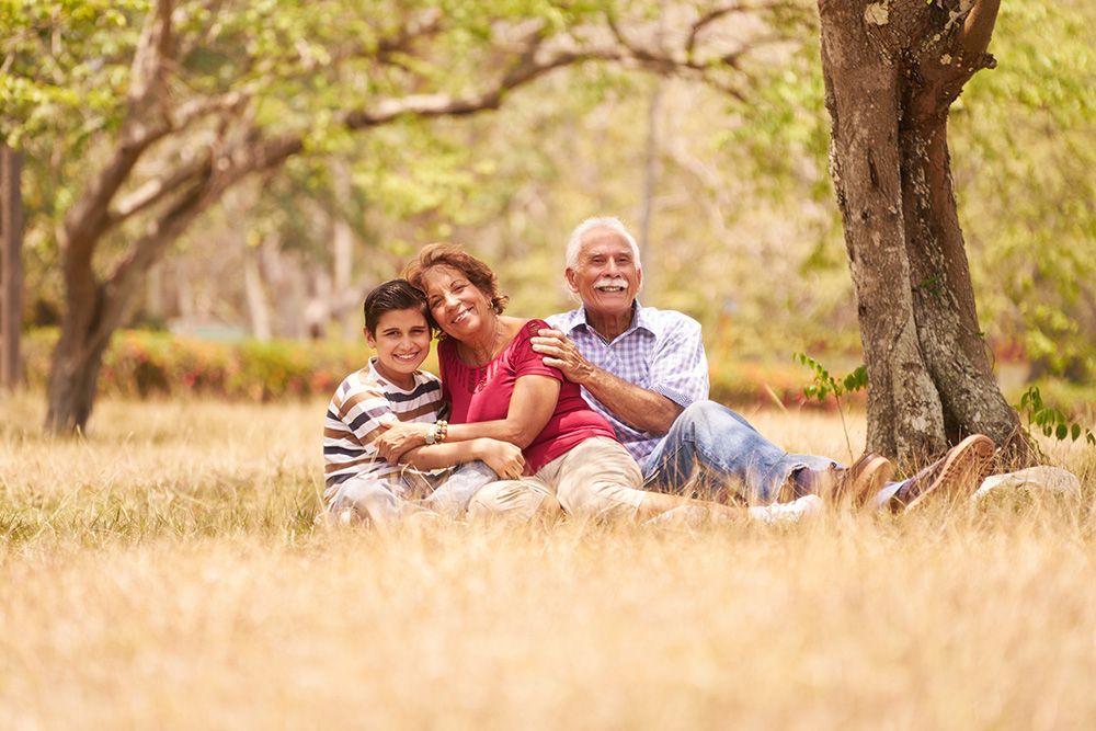 A family is sitting under a tree in a field.