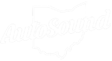 White stylized “AutoSound” logo with a car outline on a transparent background