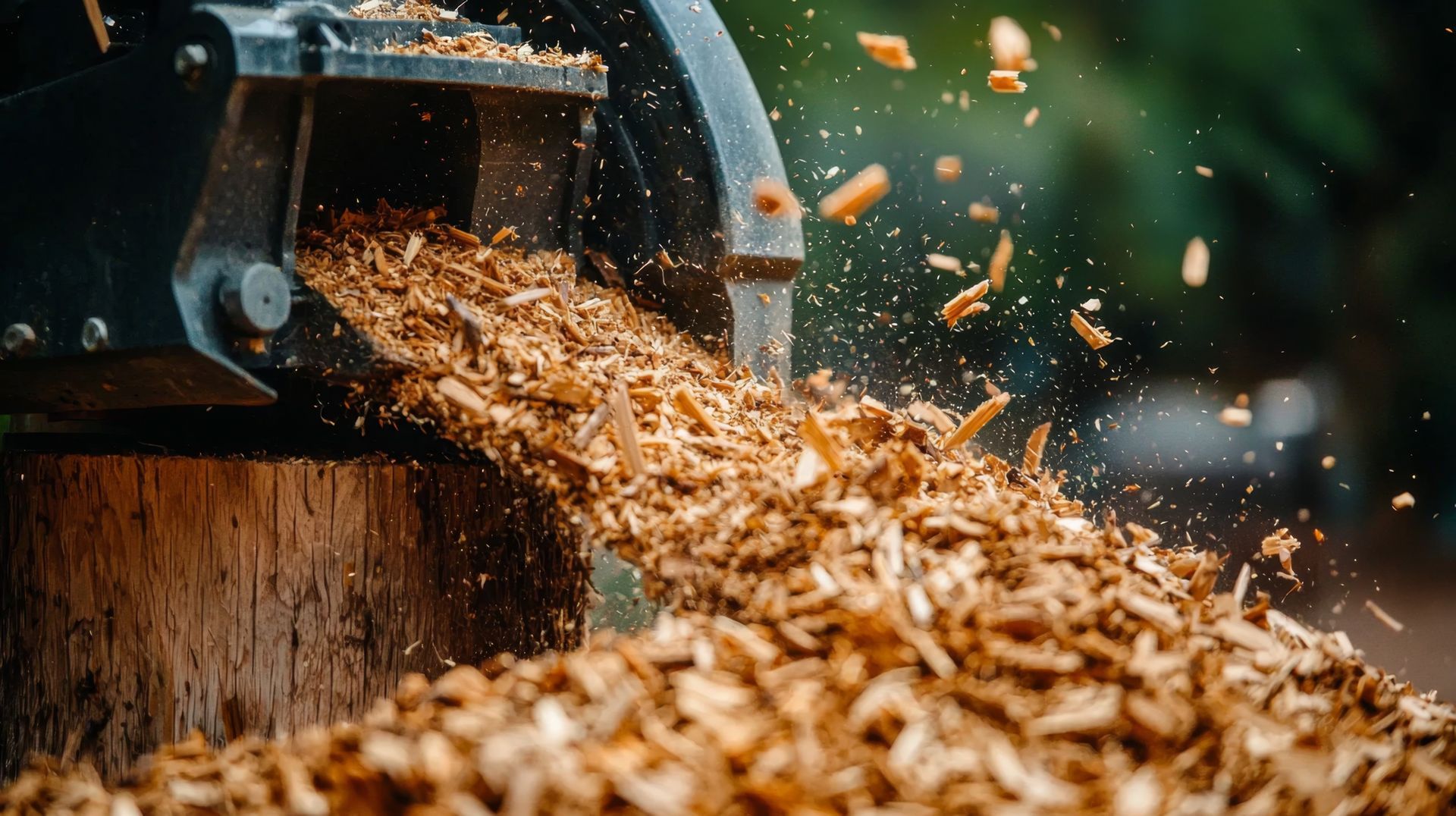 Wood chips pouring from a machine into a pile, with debris flying in a workshop setting Wood chips pouring from a machine into a pile, with debris flying in a workshop setting