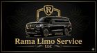 Black SUV in front of a gold and black logo for Rama Limo Service, with crowns and swirls on a black background.