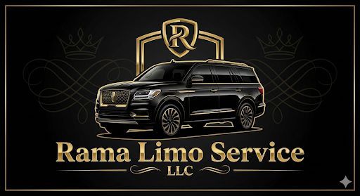Black SUV in front of a gold and black logo for Rama Limo Service, with crowns and swirls on a black background.