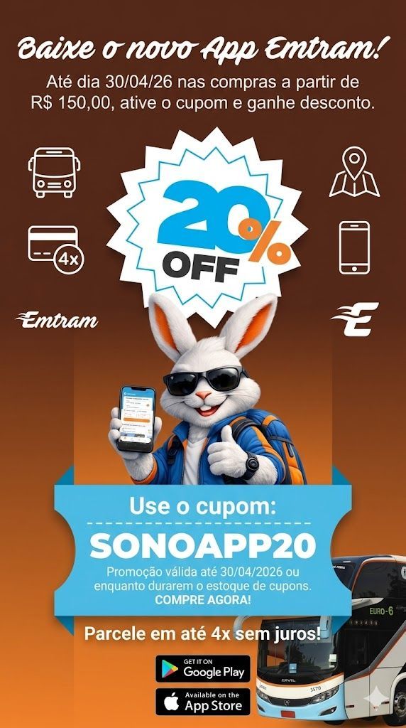Um coelho de desenho animado usando óculos de sol segura um telefone para um aplicativo da Emtram com 20% de desconto, promoção válida até 30 de abril de 2024.