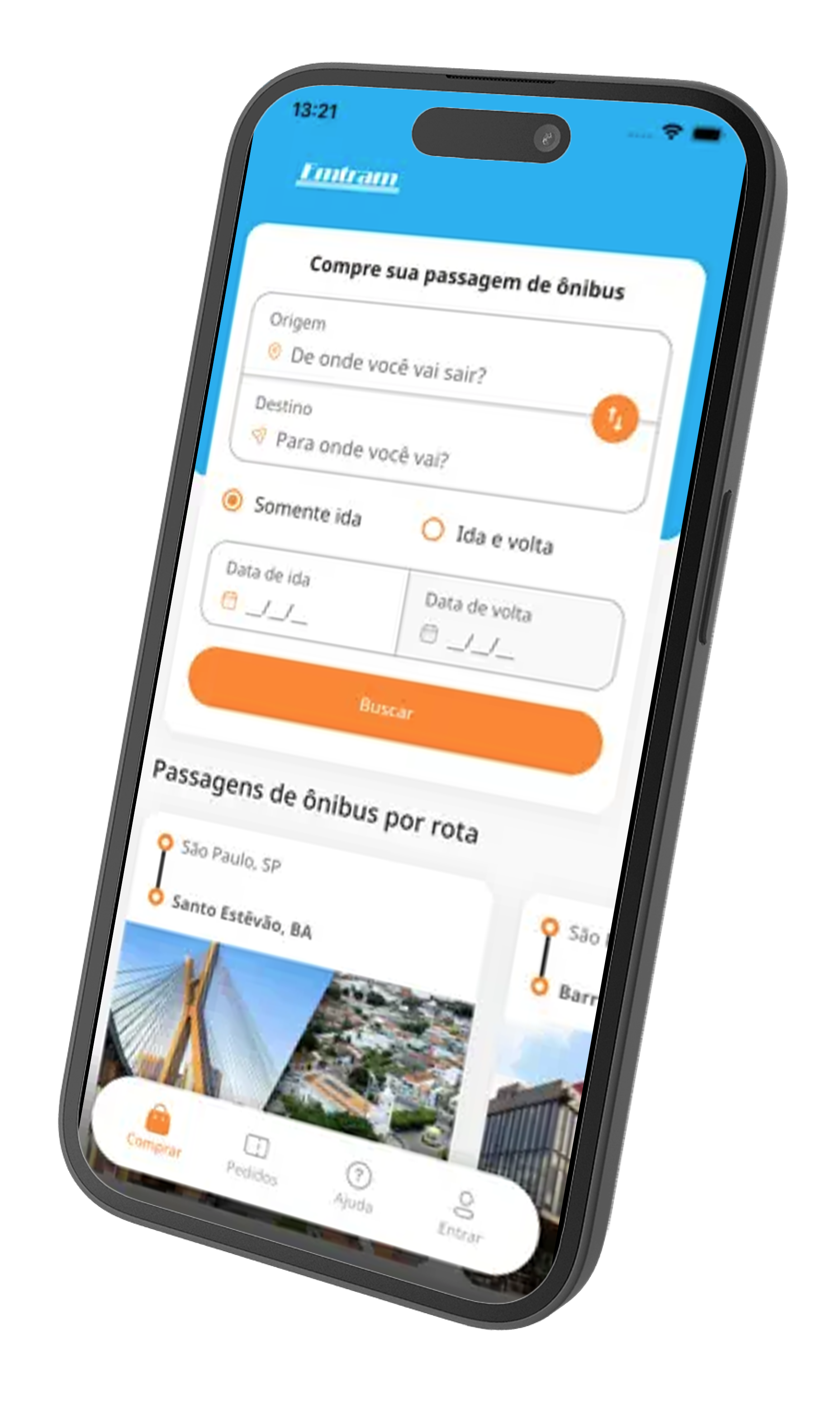 Um smartphone exibe um aplicativo de reserva de viagens com campos de busca para passagens de ônibus, opções de destino e um menu de navegação.