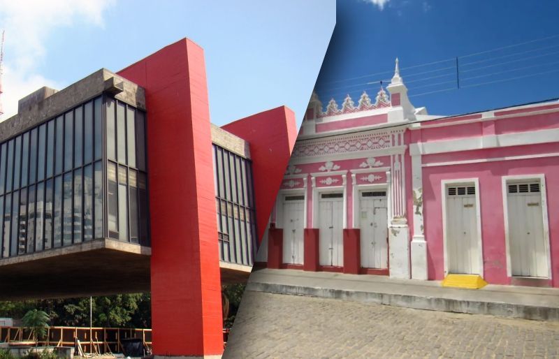 Na esquerda: vista do MASP em São Paulo, SP. Na direita: Mercado Municipal da Barra na cidade de Barra, BA.