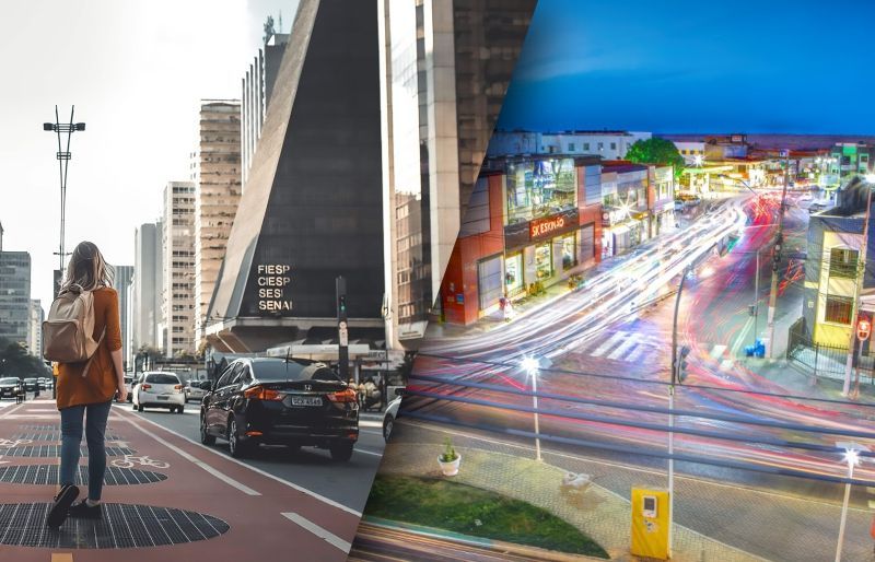 Na esquerda uma vista da Avenida Paulista em São Paulo, SP e na direita uma vista da cidade de Irecê, BA.