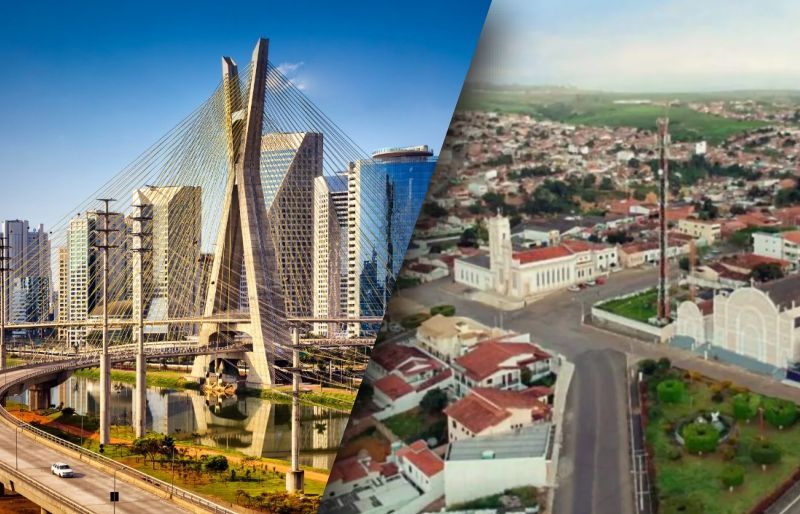 Na esquerda: vista da 
Ponte Estaiada em São Paulo, SP e na direita uma vista aérea da cidade de Jaguaquara, BA.