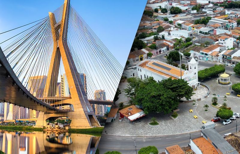 Na esquerda: vista da 
Ponte Estaiada em São Paulo, SP e na direita uma vista aérea da cidade de Santo Estevao, BA.