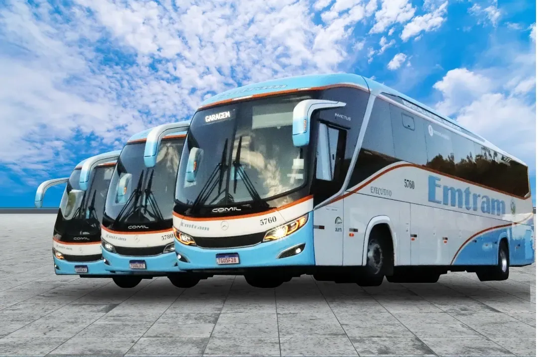 Uma fileira de ônibus azuis e brancos estão estacionados um ao lado do outro.