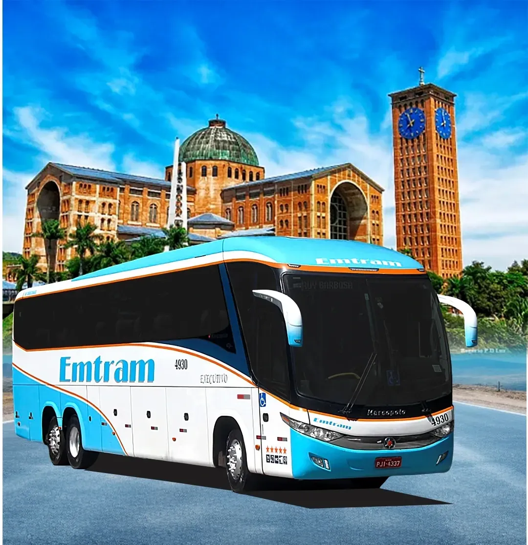 Um ônibus azul e branco da viação Emtram