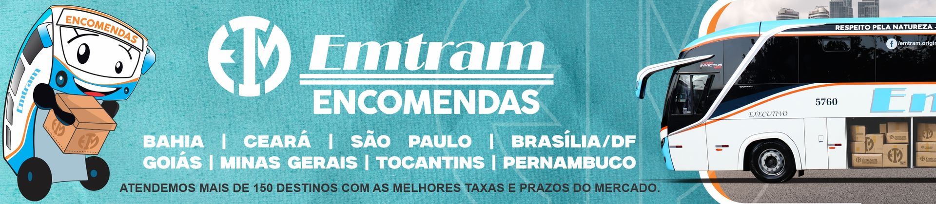Banner da Emtram Encomendas com um mascote carregando um pacote, um ônibus e uma lista dos estados brasileiros atendidos.