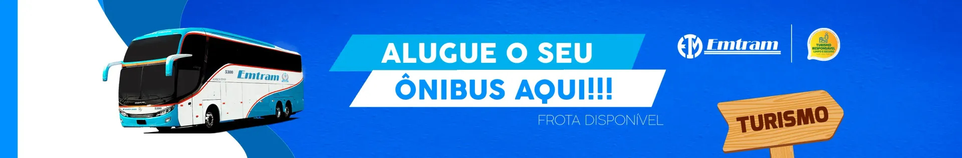 Um fundo azul com um ônibus e uma placa que diz turismo