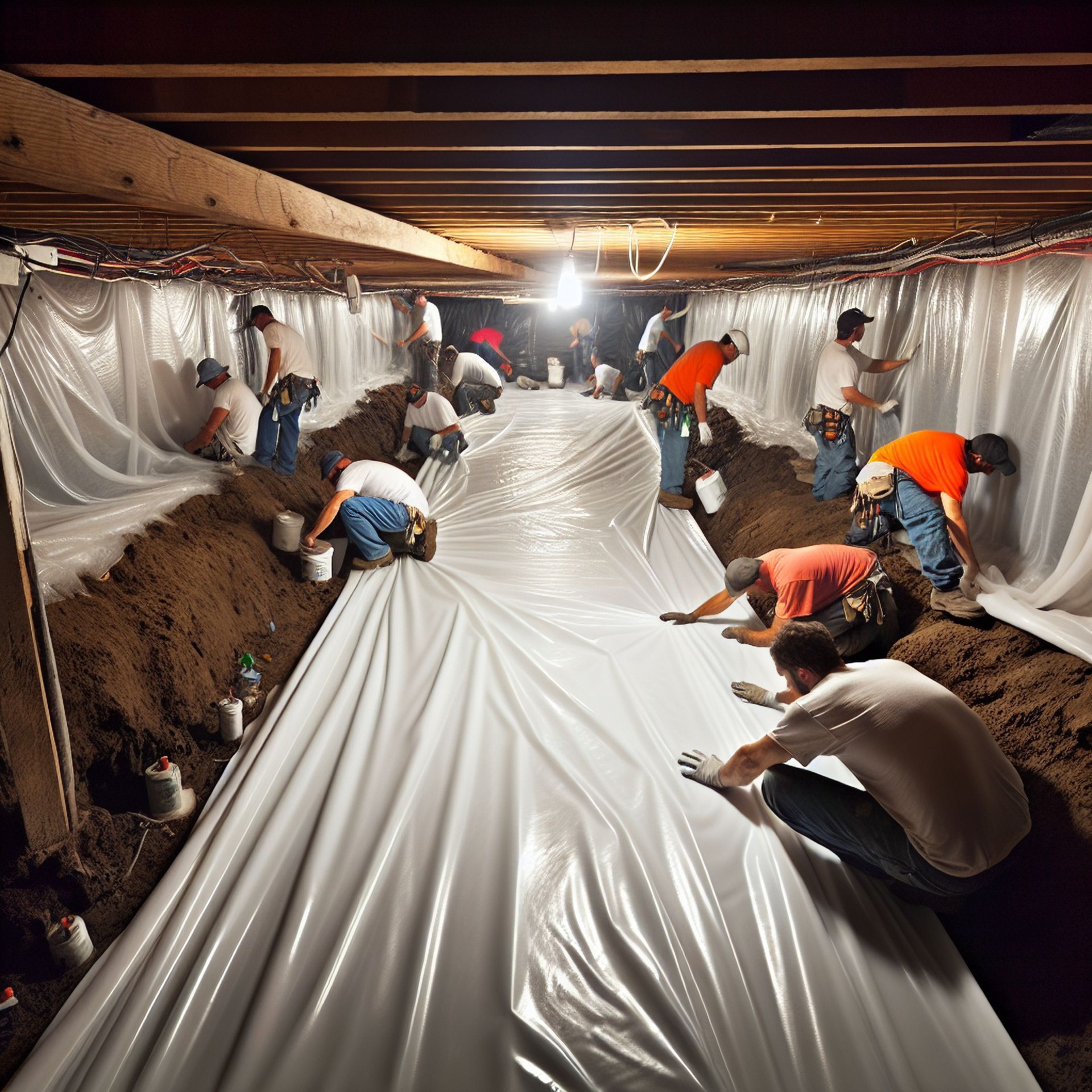 A group of men are working in a crawl space