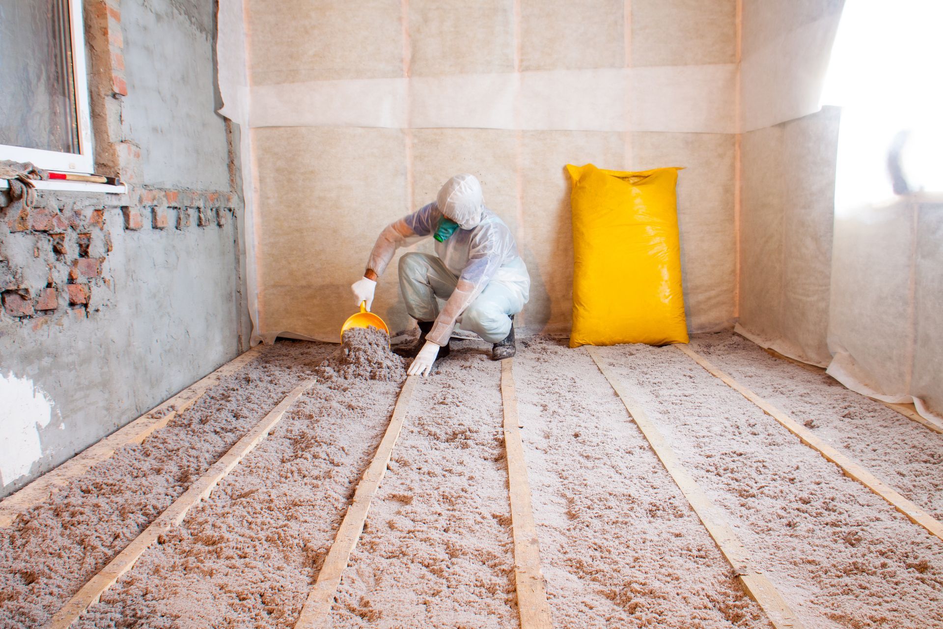 A man is kneeling on a wooden floor in a room.