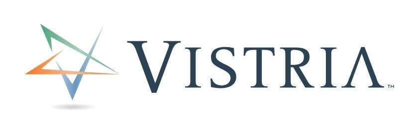 Logo of Vistria, a star-like shape with arrows, to the left of dark blue text.