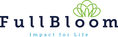 Logo for Full Bloom with text and a green floral design. The text below reads 
