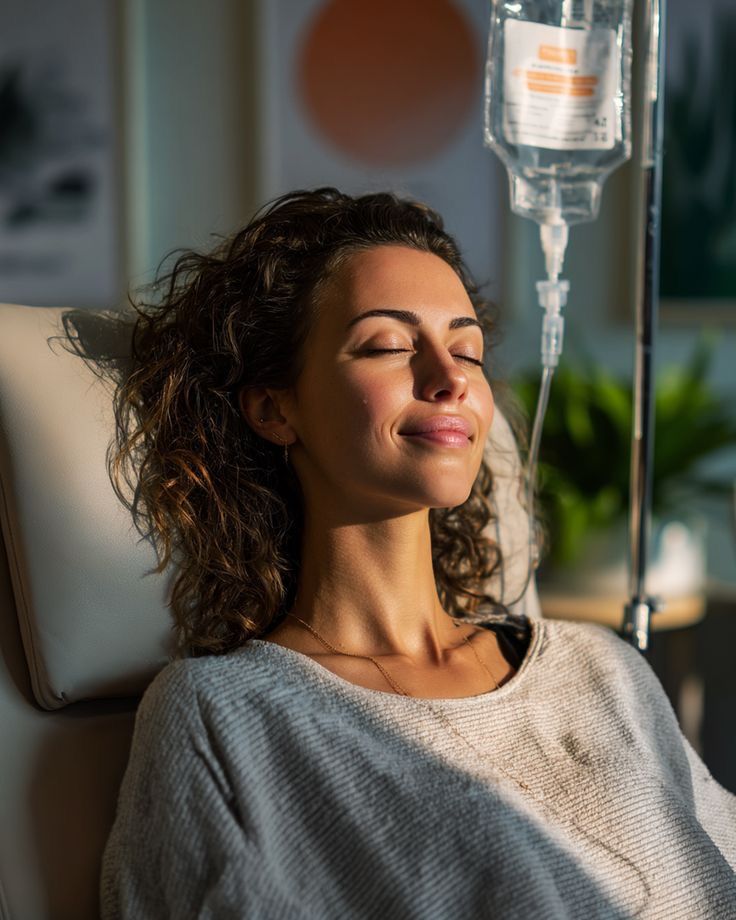 A woman is showing her glowing look after getting iv therapy.