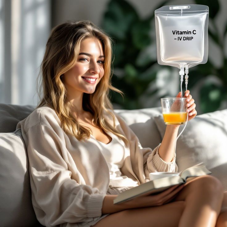 An attractive young female getting Vitamin C therapy while enjoying a nice cup of tea.
