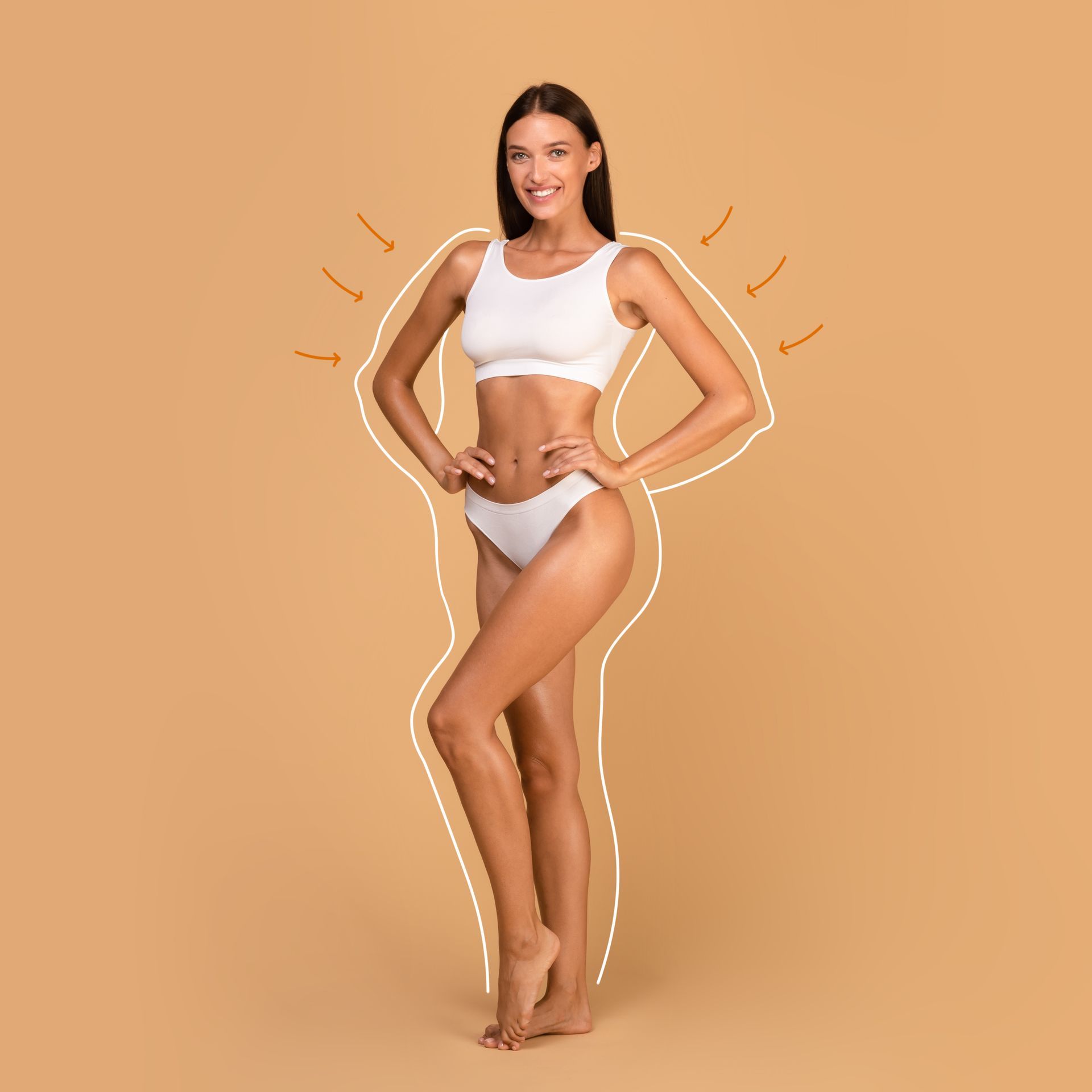 A woman in white underwear is standing with her hands on her hips on a brown background.