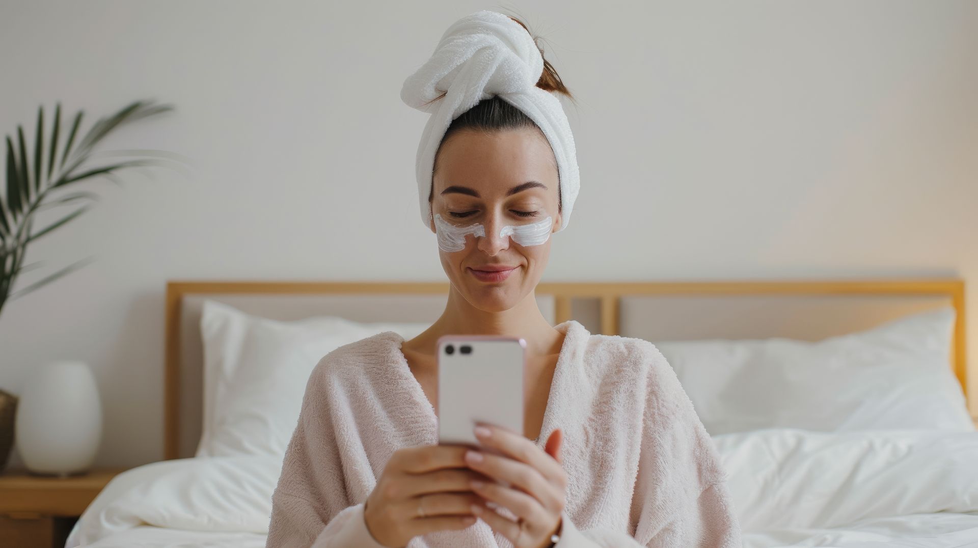 A woman with a towel wrapped around her head is sitting on a bed looking at her phone.